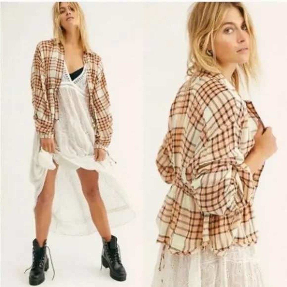 Free People Pacific Dawn‎ Plaid shirt peach combo Women's Size Small NEW